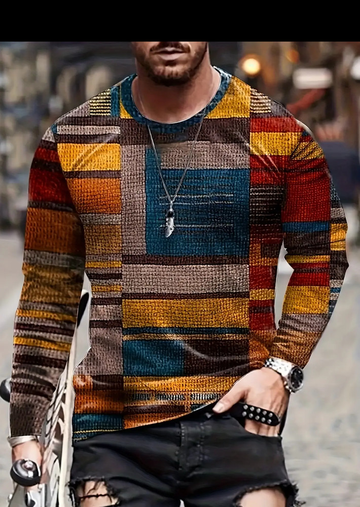Mens Plaid/Rectangle Pattern Long Sleeve Tshirt/also plus Sizes