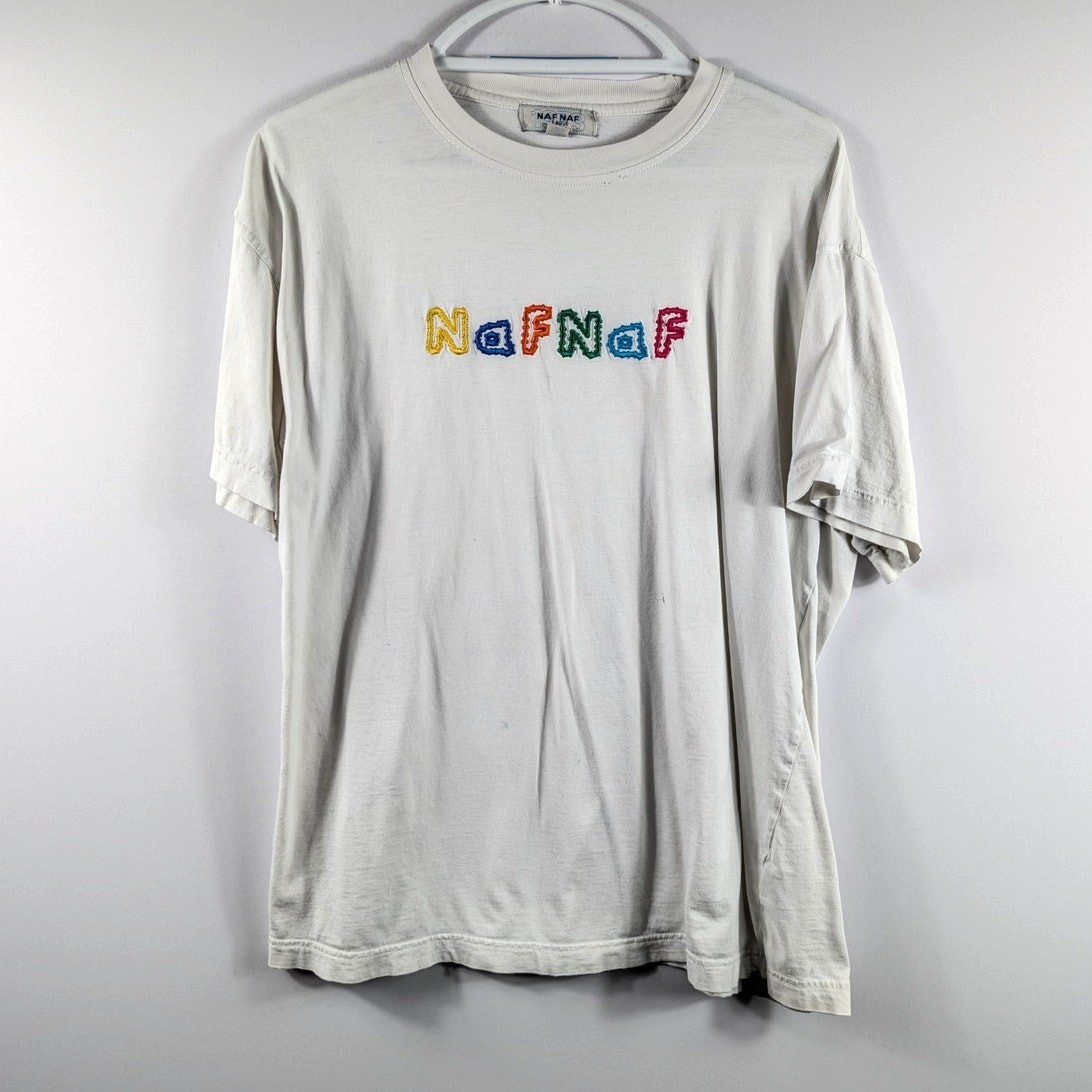 Naf Naf League T.2 Vintage Embroidered Spellout Logo White T-Shirt French 90s