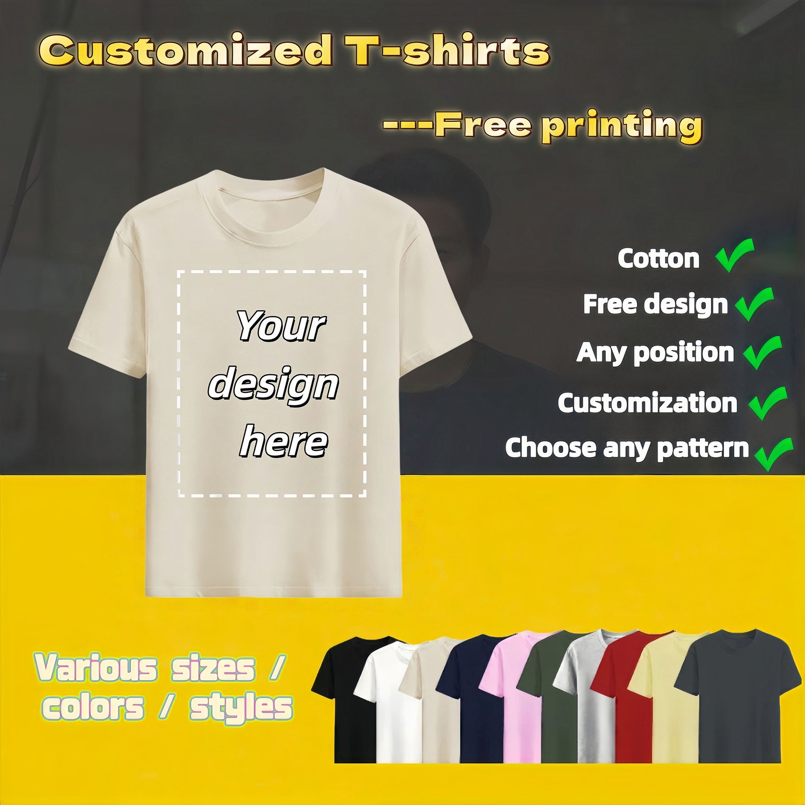 Personalized T-shirts, customizable with your text,photos or logo made of cotton gallery