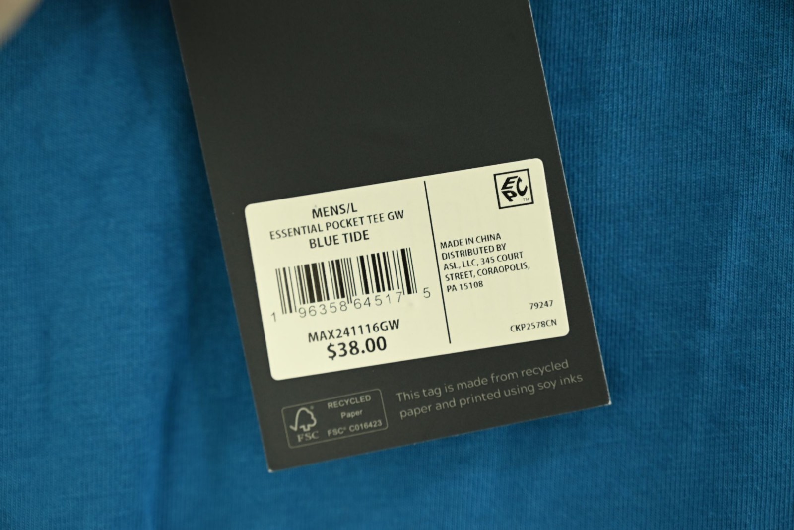 NEW VRST Essential Tee Blue Tide Pocket T Crew Neck SS Sz L gallery