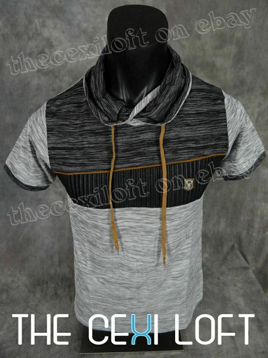 Mens Big Collar T-Shirt Grey Faux Leather Crest SLIM FIT Designer Short Sleeve gallery