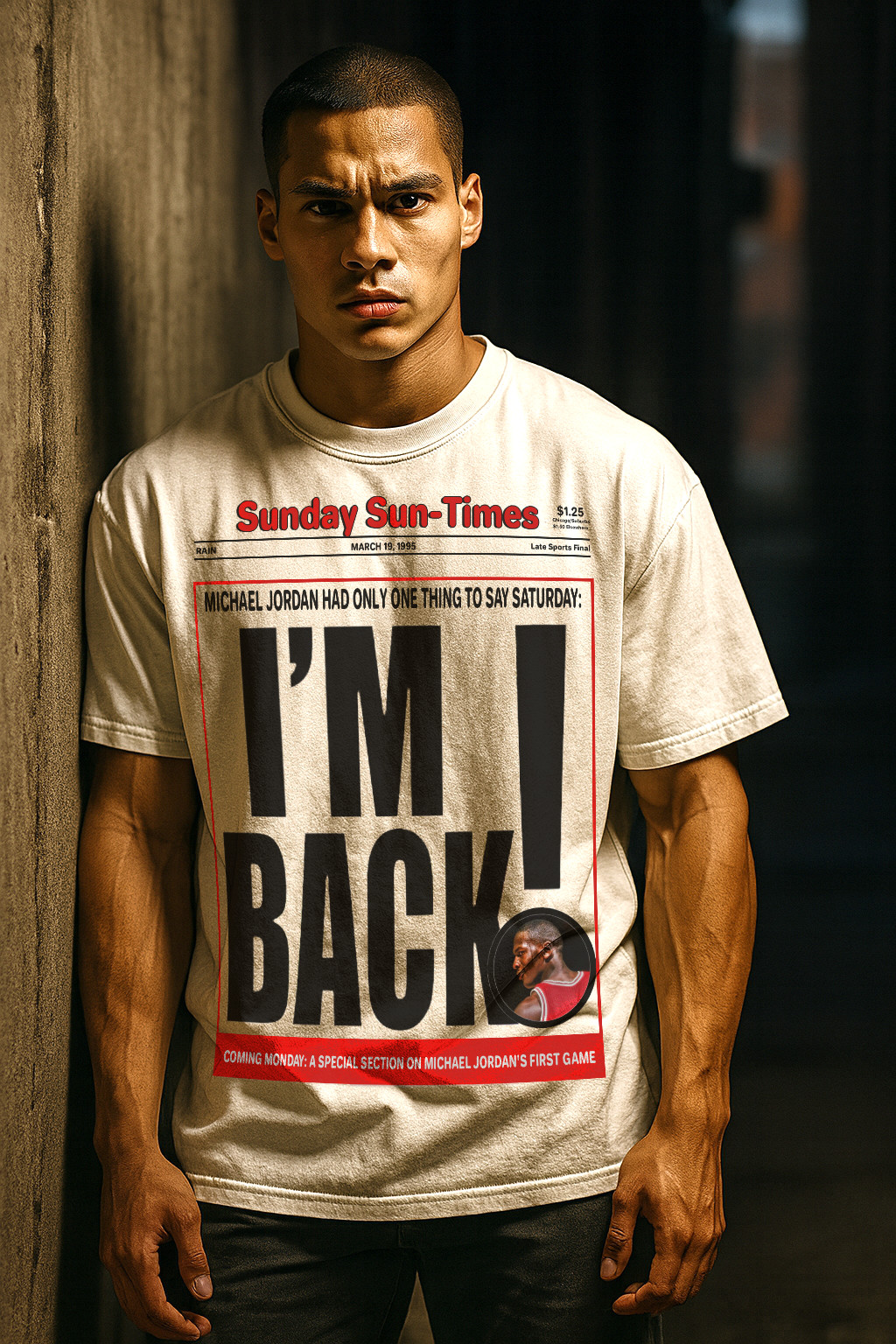 Vintage 1995 Michael Jordan 'I'm Back' Sunday Sun Times T-Shirt RARE S-5XL gallery