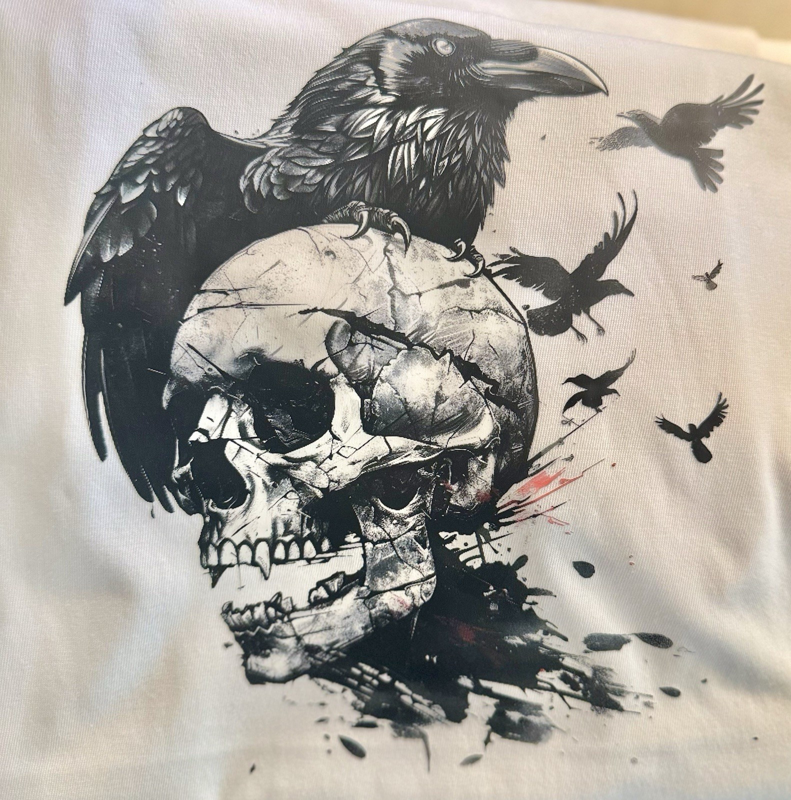 Men's White T-Shirt Skull and Raven Graphic Print Gothic Halloween Horror gallery