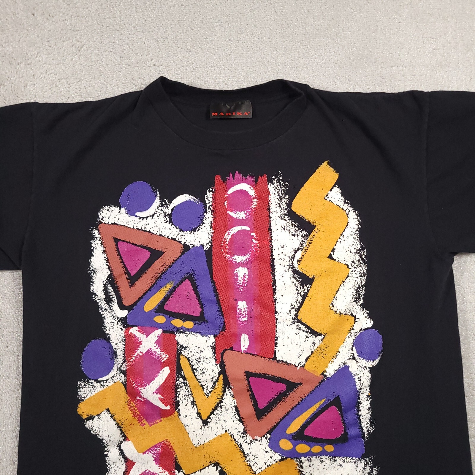 Vtg Marika T-Shirt Mens OSFA All Over Print Black Art Painting Abstract 90s USA gallery