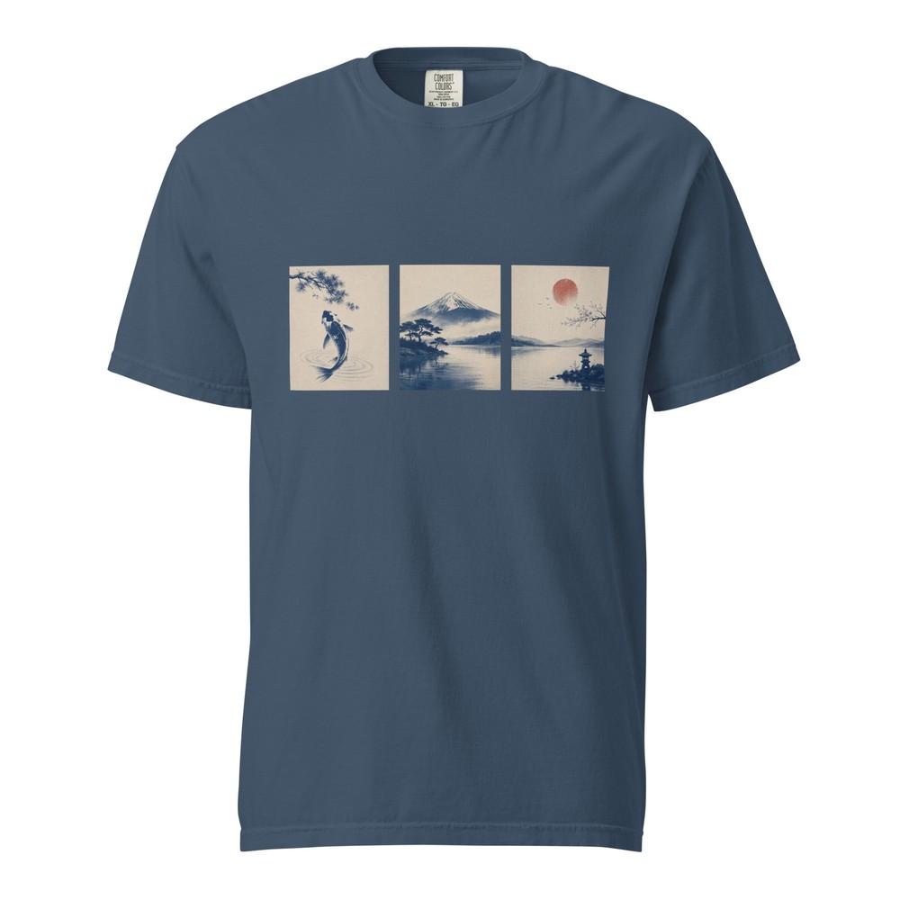 Koi Fish Triptych T-Shirt | Mount Fuji & Red Sun | Comfort Colors 1717