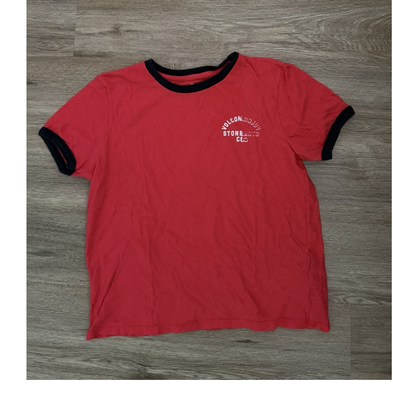 Volcom Red Black Logo Crew Neck Short Sleeve T-Shirt Contrasting Trim
