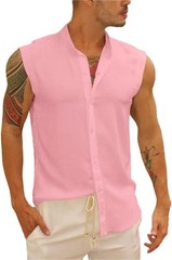 Mens Linen Cotton Sleeveless Button Down Shirt Summer Beach Casual Top