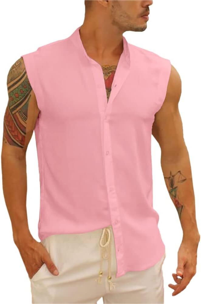 Mens Linen Cotton Sleeveless Button Down Shirt Summer Beach Casual Top gallery