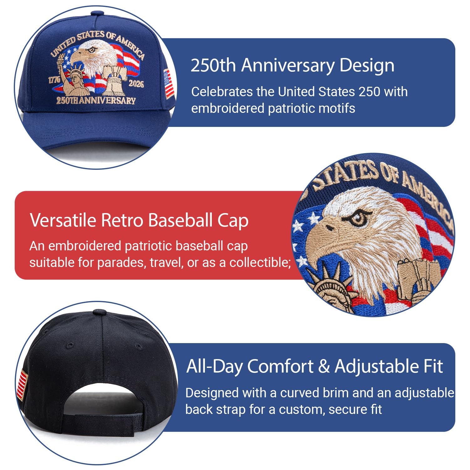 250 Anniversary USA Hat - Retro Embroidered 250th Anniversary Patriotic Adjus... gallery
