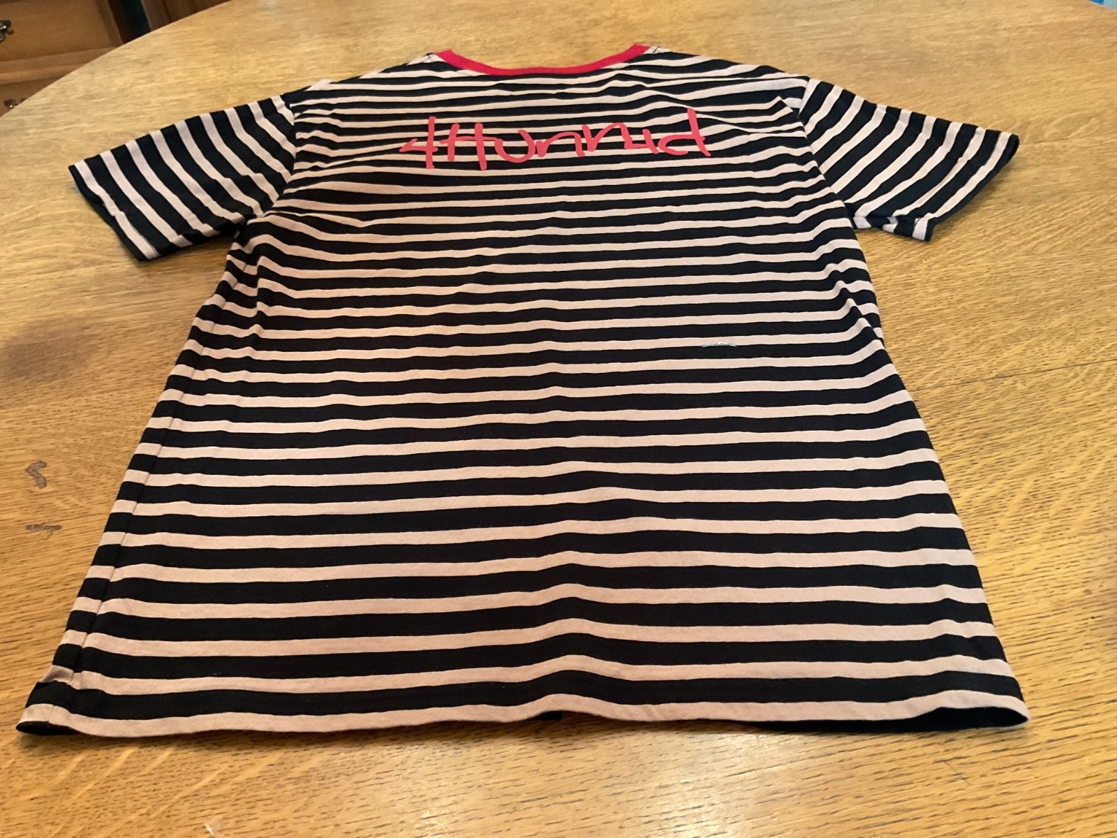 4 HUNNID khaki & black stripped L tee w/red crew neck collar and shirt emblem gallery