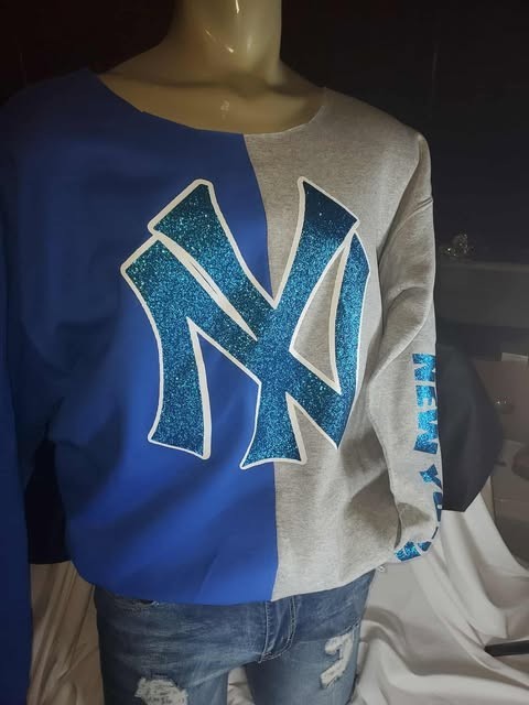 New York glitter raw edge sweatshirt cold shoulder off shoulder