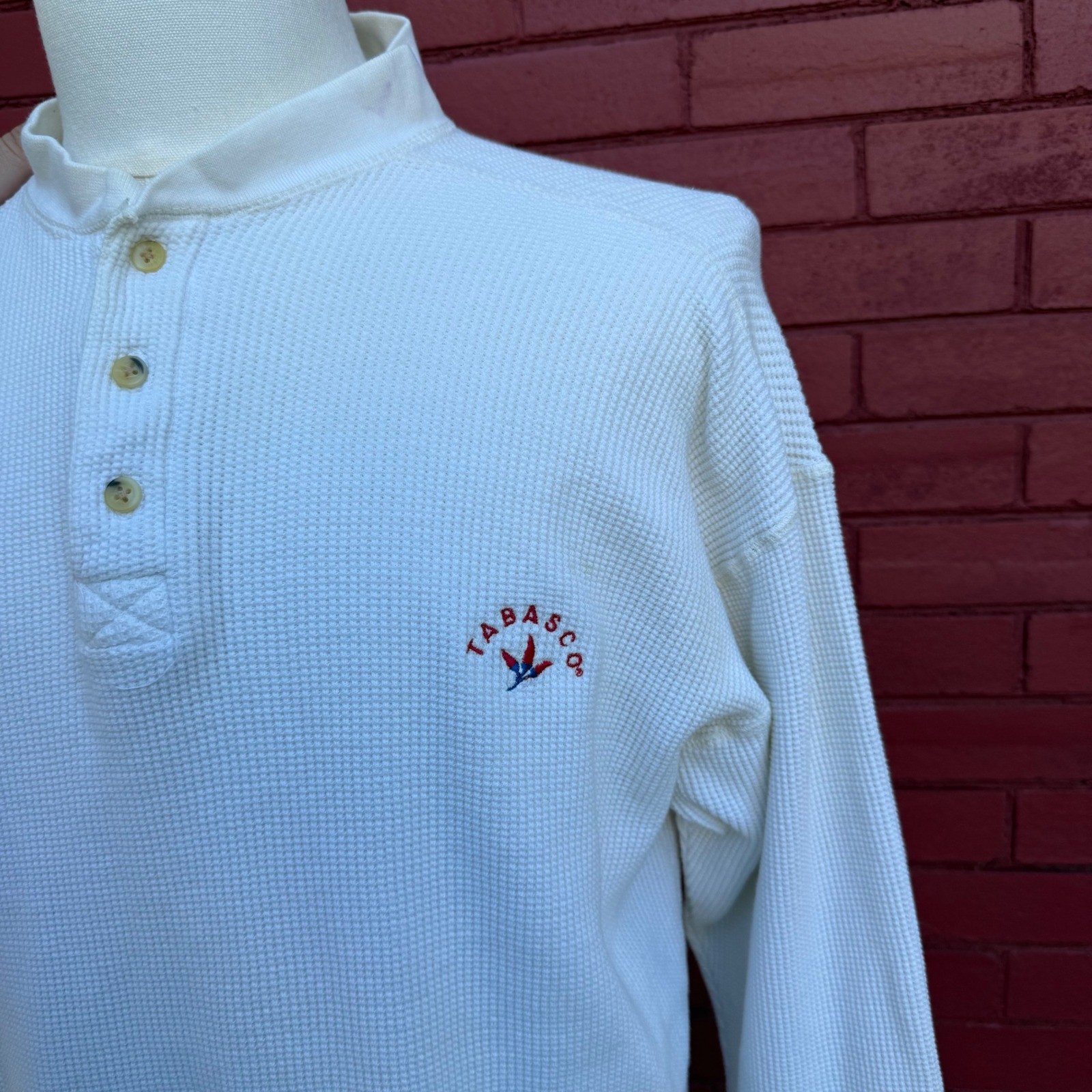 Tabasco Henley Thermal Shirt Mens Large Long Sleeve Waffle Knit Button Logo Top gallery