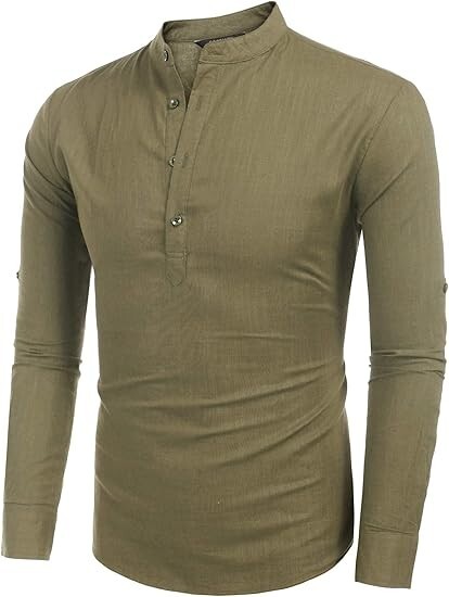 COOFANDY Men's Cotton Linen Henley T-Shirt Long Sleeve Hippie Casual Beach green gallery
