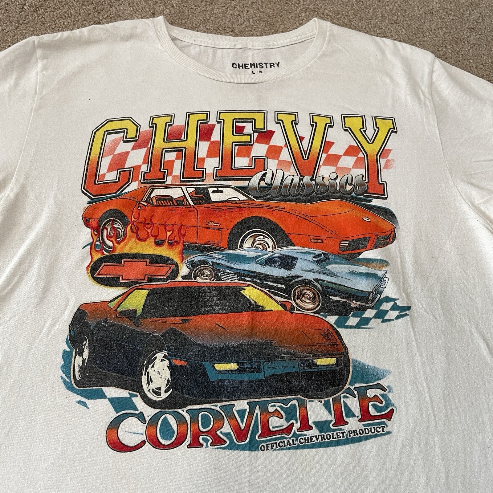 Chevy Corvette T-Shirt Mens Large White Muscle Car Hot Rod Art Chevrolet Dad gallery