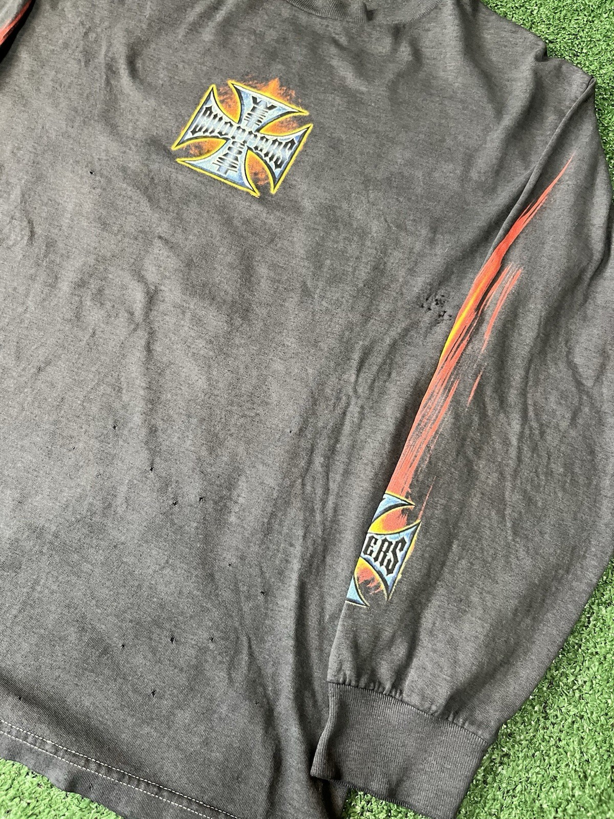 90s Jesse who west coast choppers flame sleeve size L tshirt with distressing gallery