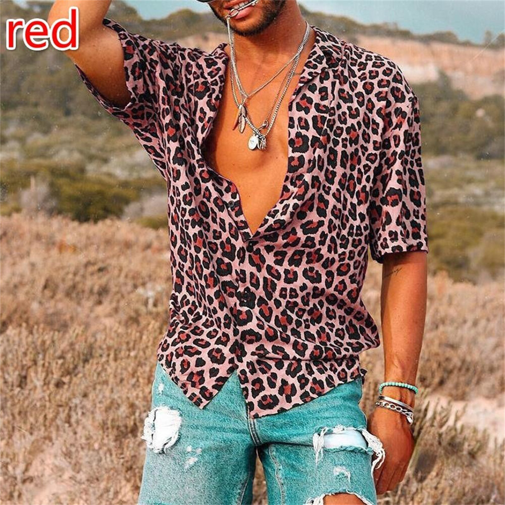 Men's Leopard Print Shirt Casual Slim Shirts Short Sleeve Button Down Top Blouse gallery