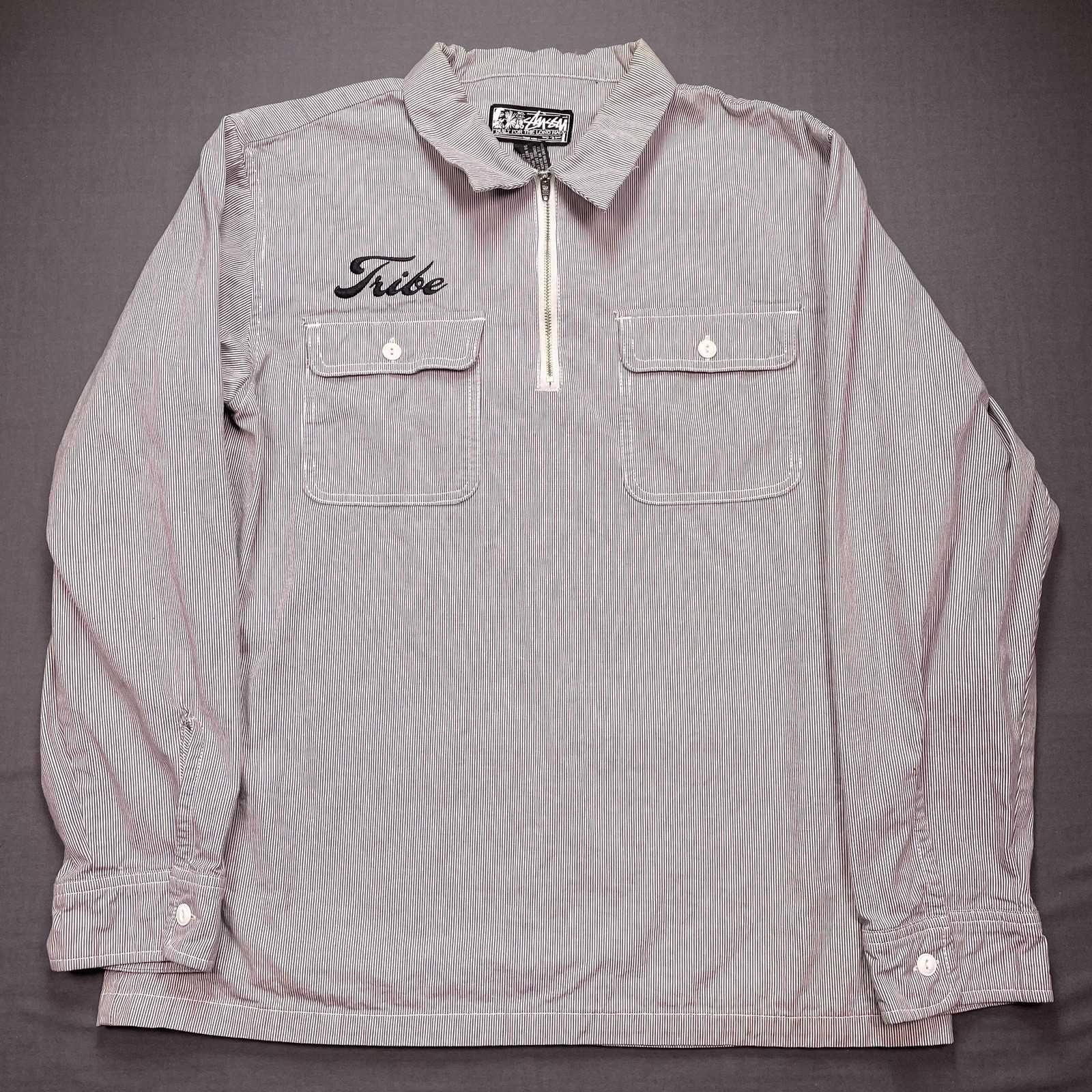 Stussy Shirt Mens Large Gray Striped Tribe Half Zip Long Sleeve Woven Pullover gallery