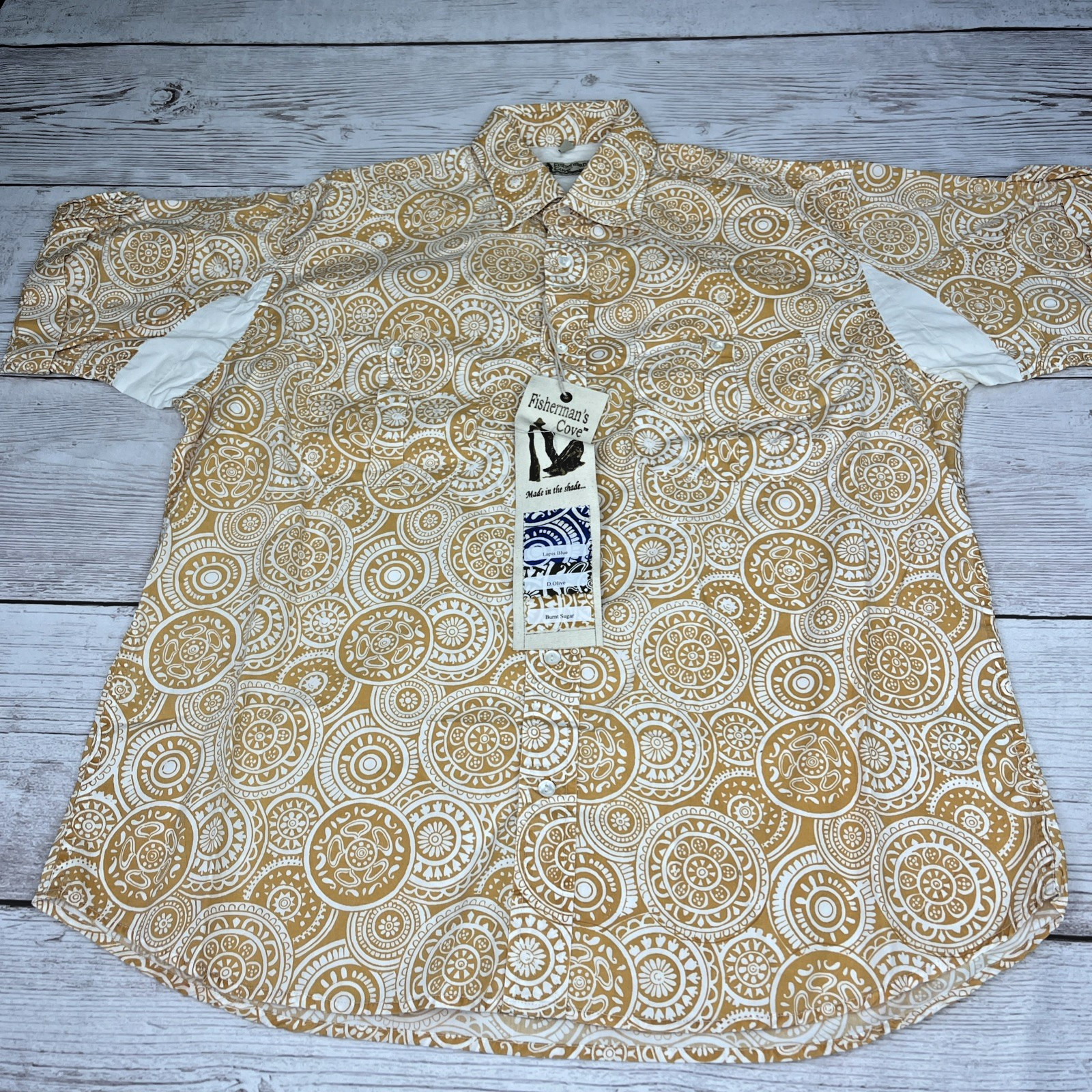 NWT Fisherman’s Cove Aztec Men’s L Yellow Burnt Sugar Short Sleeve Free Shipping