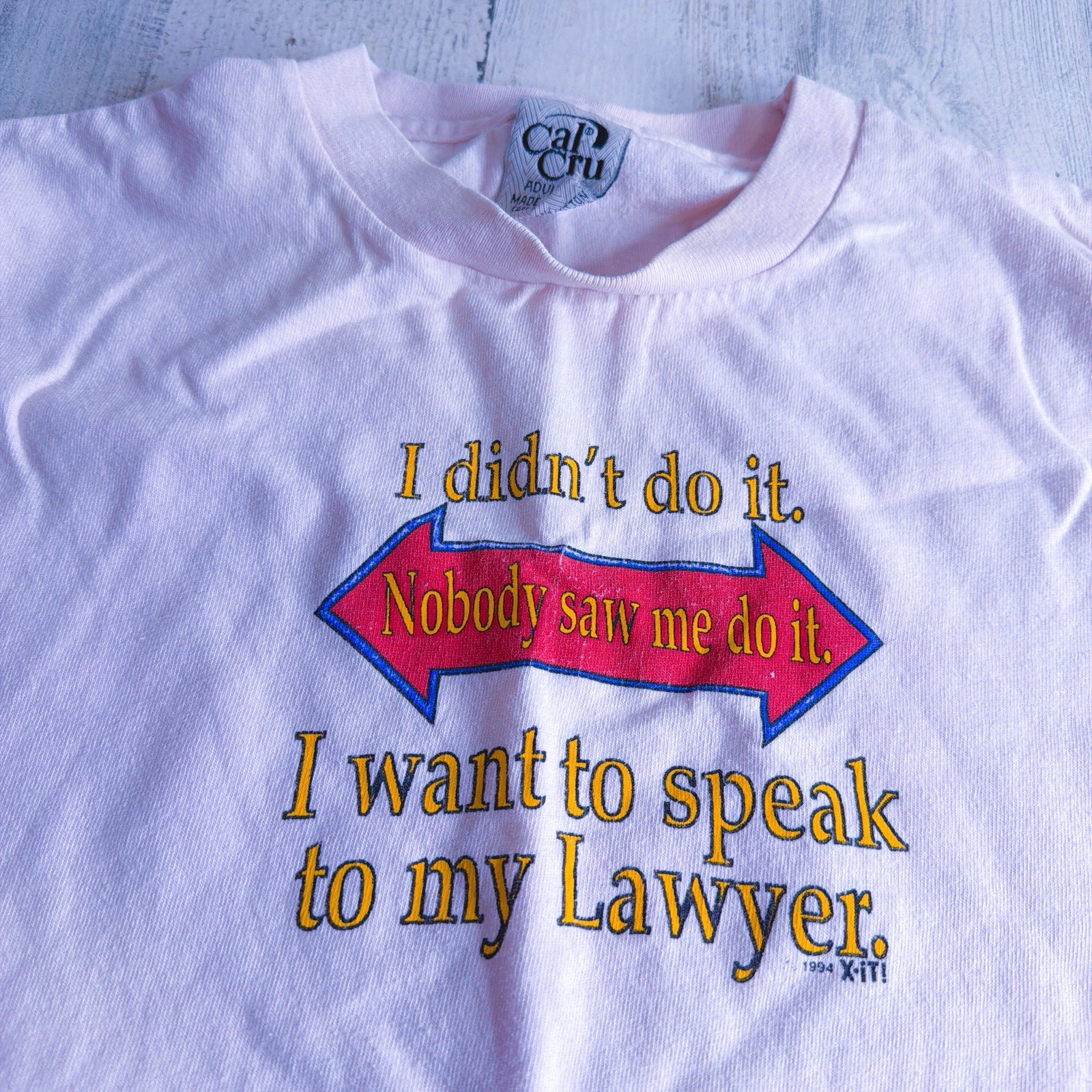 90s I Didnt Do It Funny Pink/White Tee Size Large Single Stitch 1994 Cal Cru USA gallery