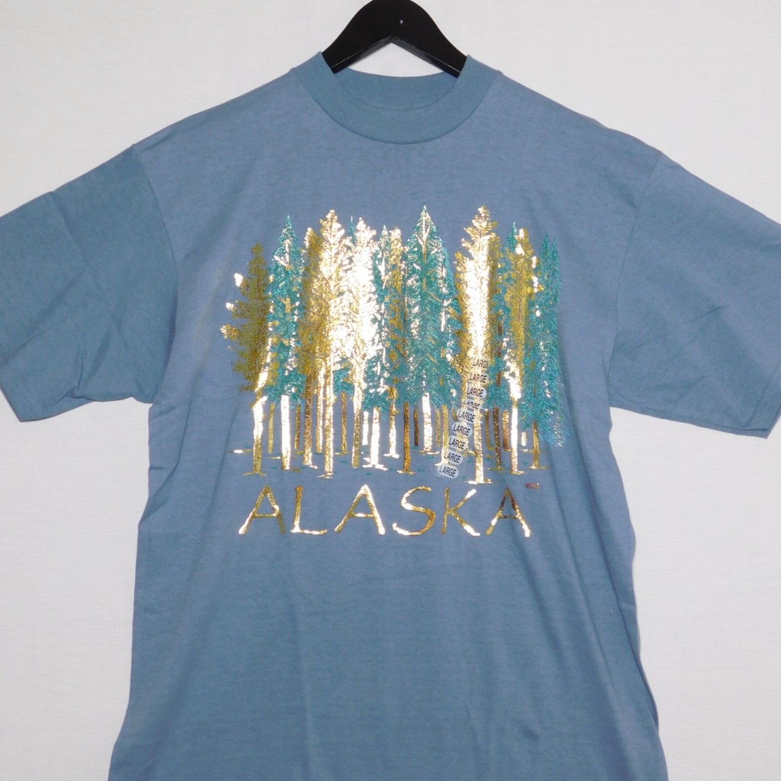 Vintage 1990s ALASKA USA Shiny Gold Metallic Forest NWT Unworn T Shirt Mens L gallery