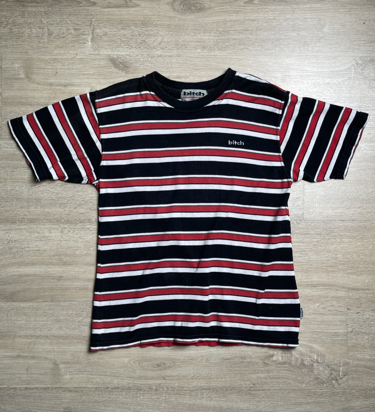 Vintage Bitch Skateboards Striped T Shirt Men’s Size Large 90S gallery