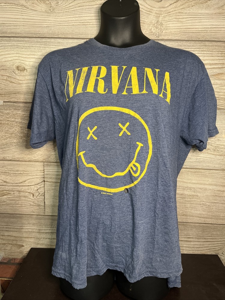 Nirvana Men's Officially Licensed Kurt Cobain Smiley Face Retro Rock Shirt L