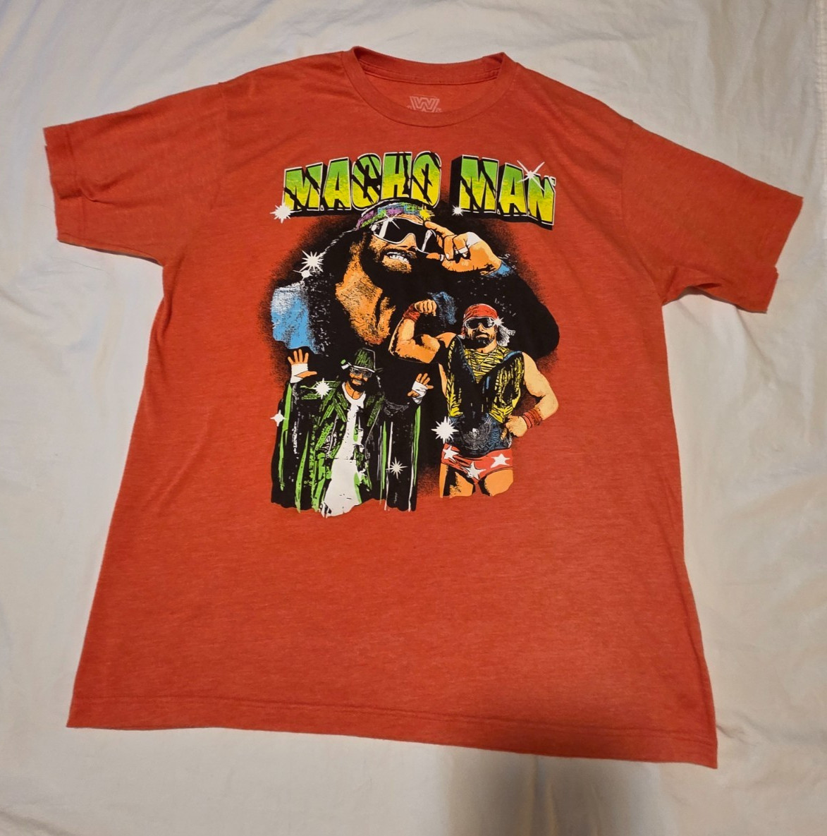 WWE Official Macho Man Orange Soft Ripple Junction T-Shirt Sz Large Excellent