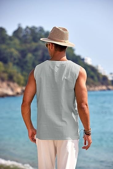 COOFANDY Men's Cotton Linen Tank Top Shirts Casual Sleeveless Lace Up Beach L gallery