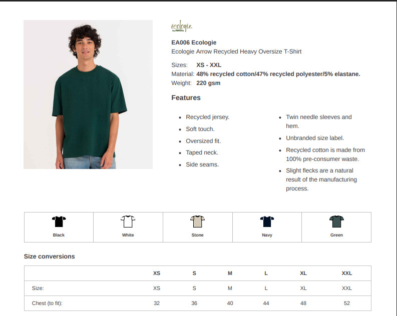 Awdis Ecologie Arrow Recycled Heavy Oversize T-Shirt Plain Oversized Fit Tee Top gallery