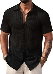 Men’s Knit Crochet Button Down Shirt Hollow Out Textured Casual Summer Top S-XXL