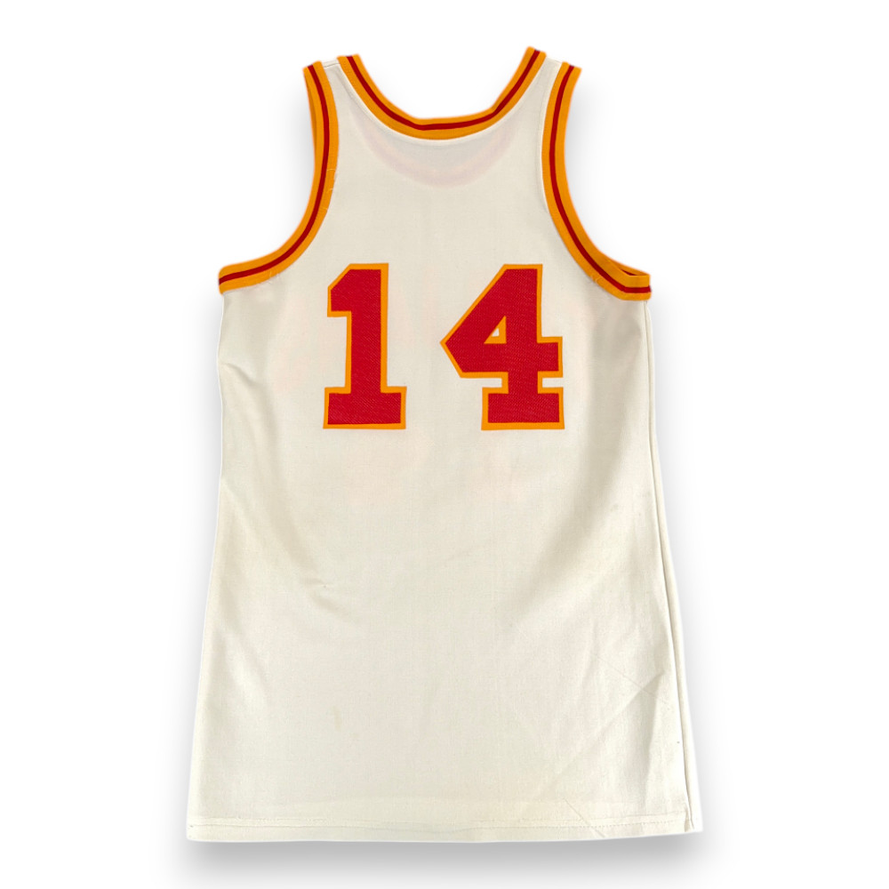 Vintage High School Basketball Jersey Adult SMALL White Red Trojans Spanjian 70s gallery