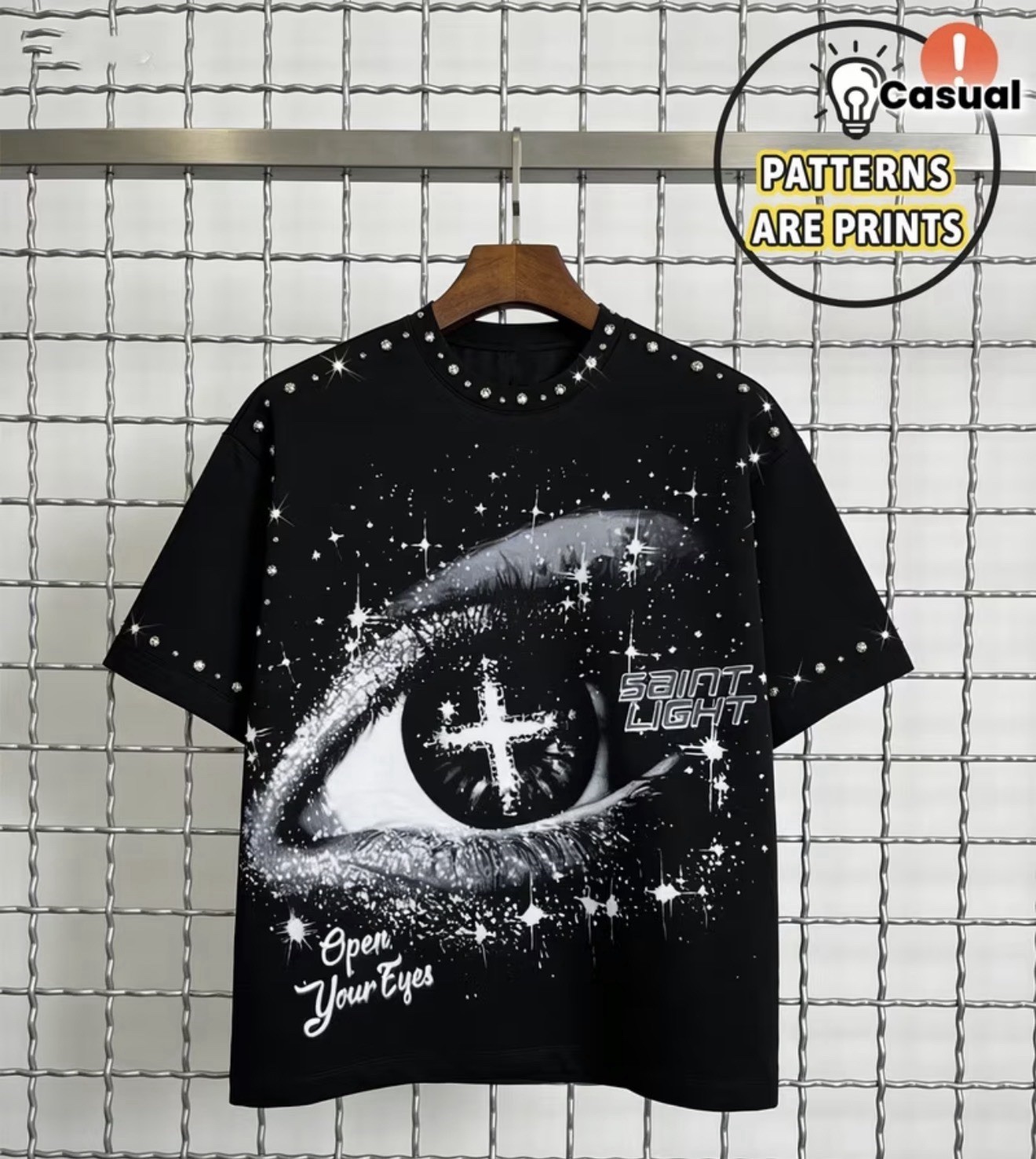 Saint Light Open Your Eyes Studded Graphic Rhinestone Men’s Black T-Shirt S-XXL