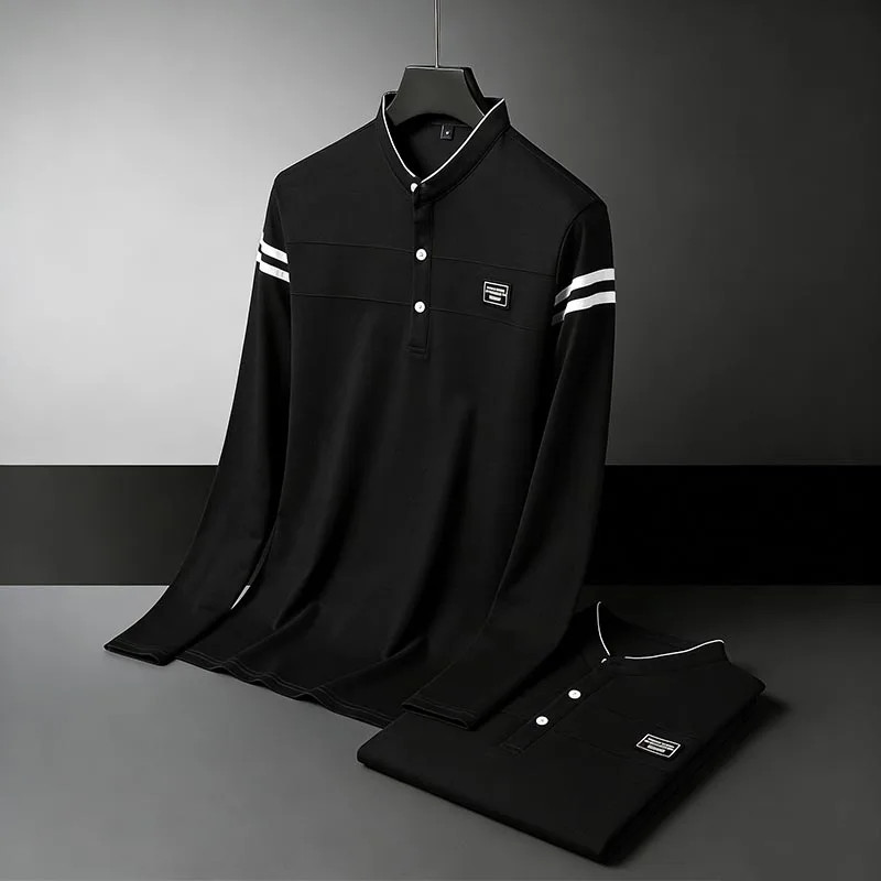 Men Stand Collar Long Sleeve Polo Shirt Stripe Accent Soft Breathable For Busine gallery