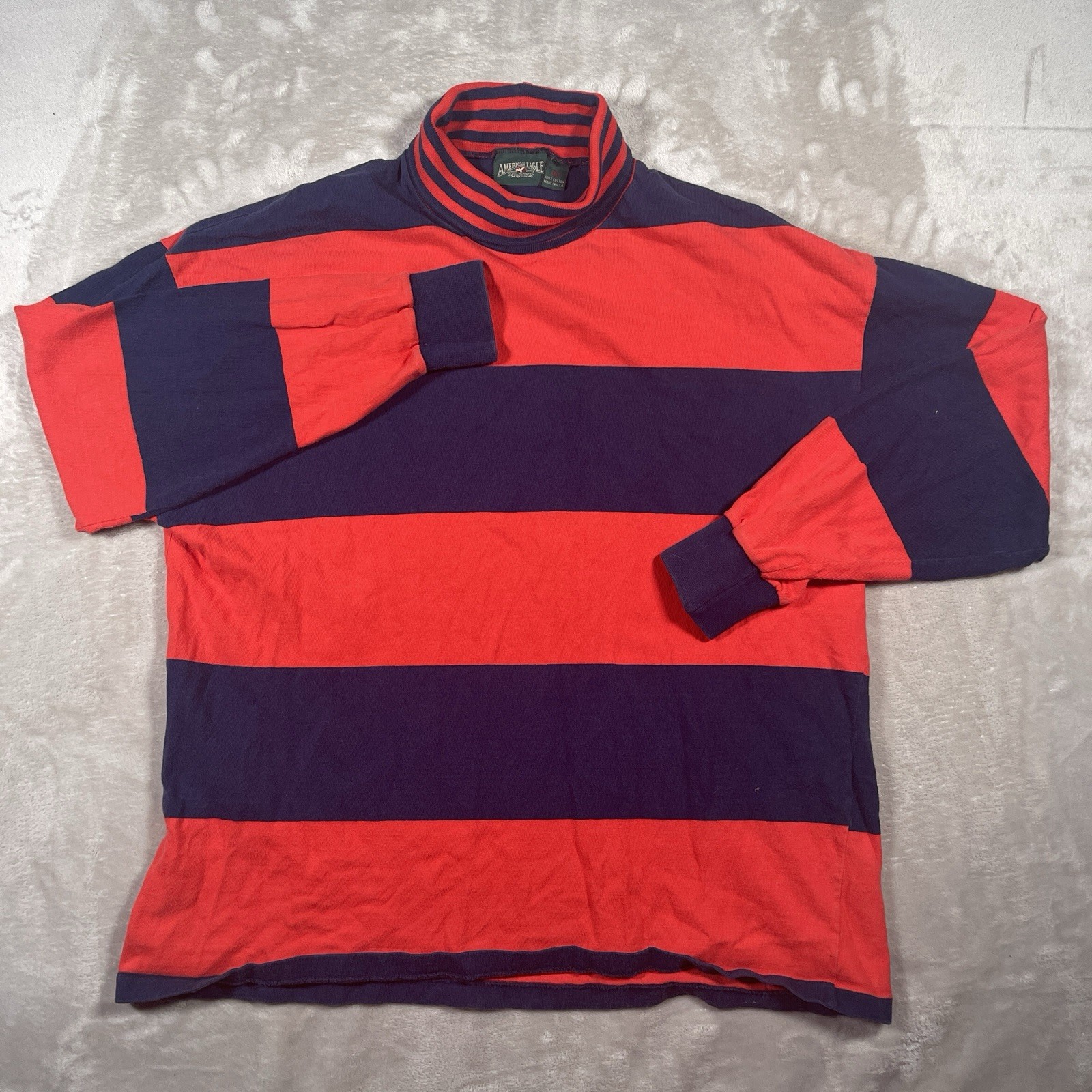VINTAGE 80s American Eagle Long Sleeve Rugby Red/Blue Striped Turtleneck Mens XL gallery
