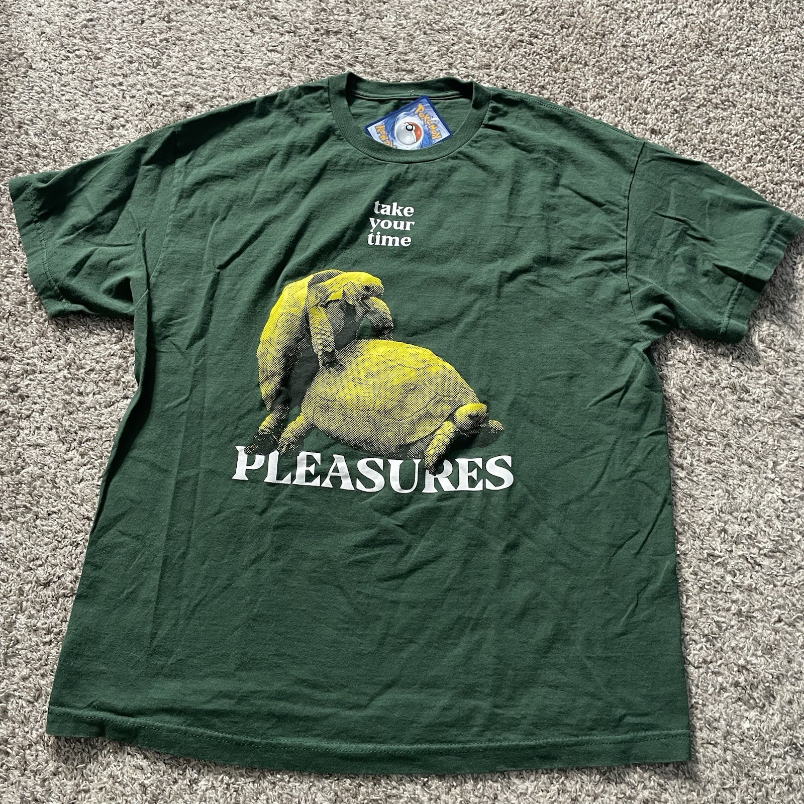 Pleasures Turtle Tee Mens XL Green Yellow Take Your Time Crew Neck EUC Humpday