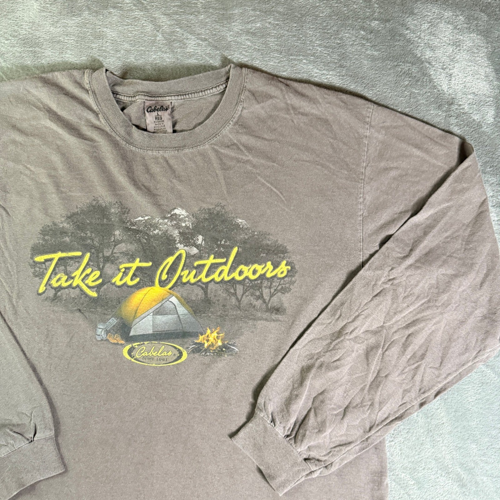 VTG Cabelas Long Sleeve T Shirt Take it Outdoors Camping Graphic Tee Mens Large gallery
