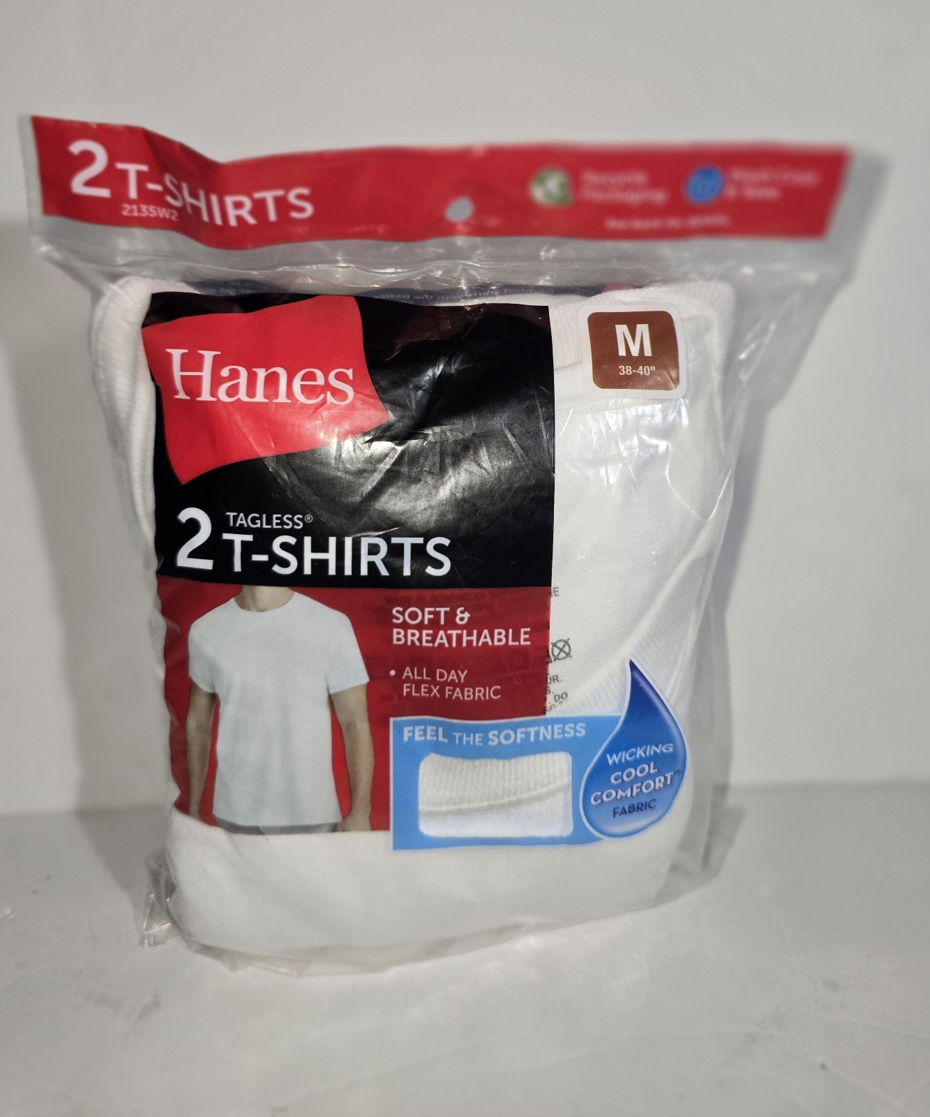 Hanes Mens Tagless T-Shirts Medium 38-40 2 Pk White Moisture Wicking Long Length gallery