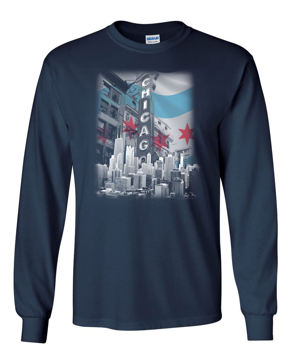 Chicago Flag Silk Screened Skyline Long Sleeve Shirt-8970