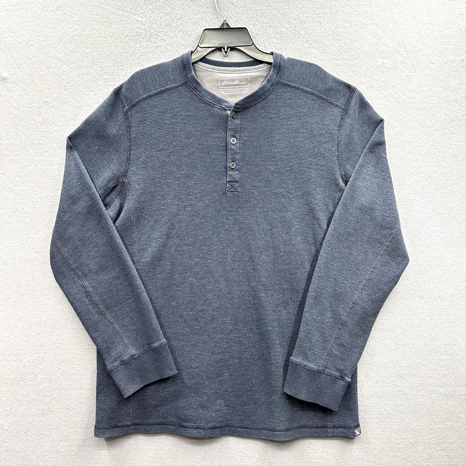 Eddie Bauer Thermal Base Layer Mens L Tall Henley Shirt Blue Long Sleeve Waffle