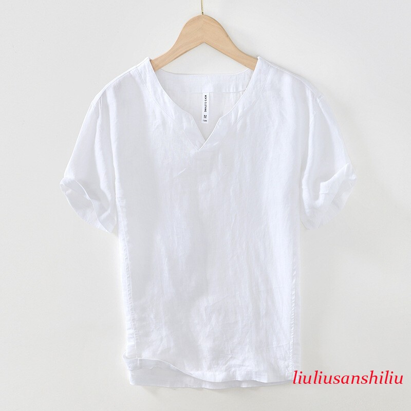 Men 100% Linen T-shirt V Neck Summer Short Sleeves Retro Tops Casual Undershirt gallery