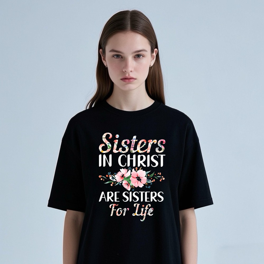 Sisters In Christ Floral T-Shirt Religious Casual Tee for Women gallery