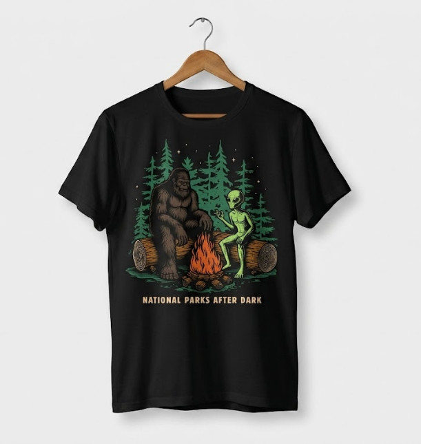National Parks After Dark T-Shirt Bigfoot Alien Campfire Funny Black Cotton Tee gallery