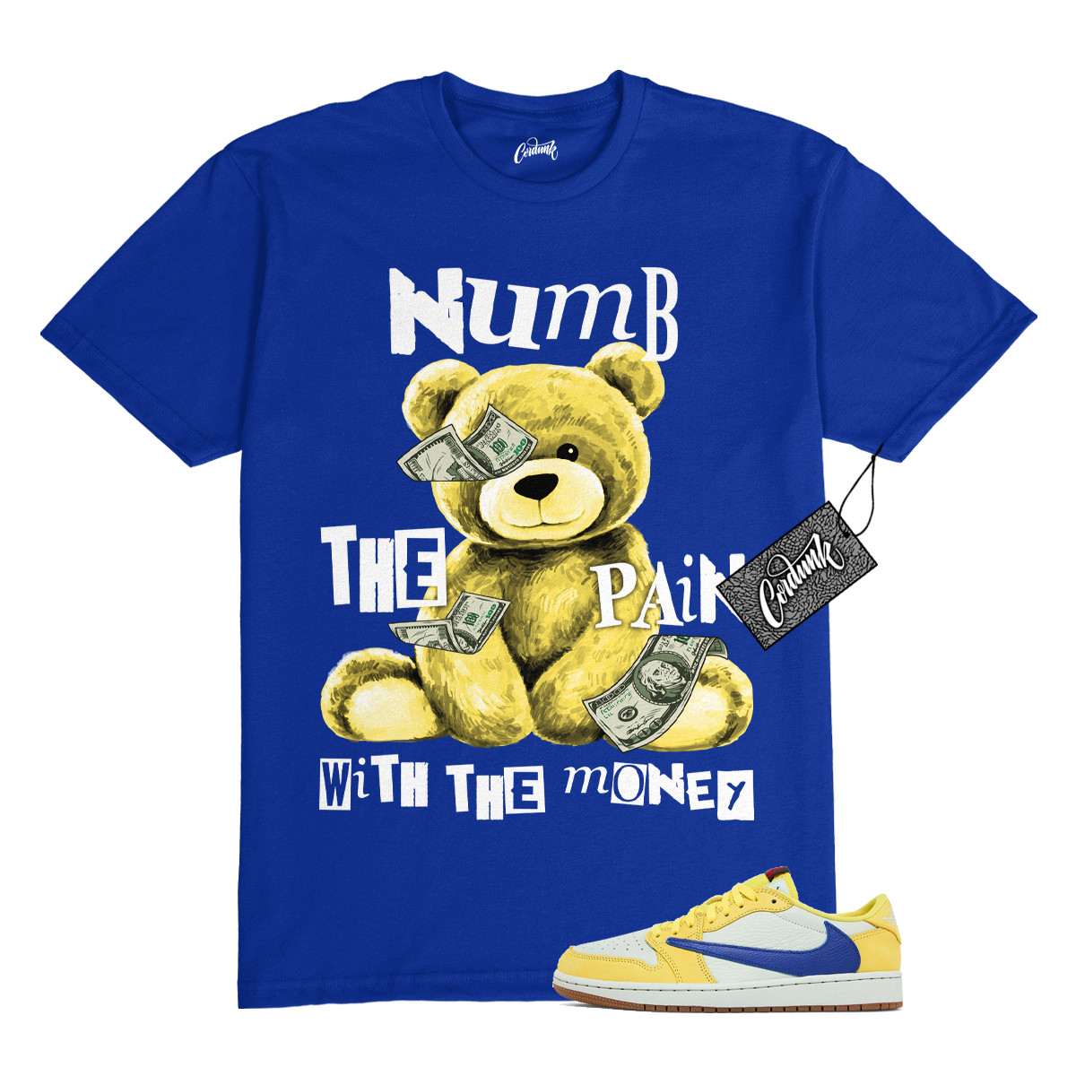 1 Canary Travis Low Racer Blue Light Silver Gum Medium Brown Shirt NUMB Jordan gallery