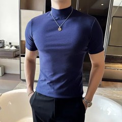 Autumn Winter Men’s Half High Neck Short Sleeve T-shirt Korean Slim Fit Solid Co