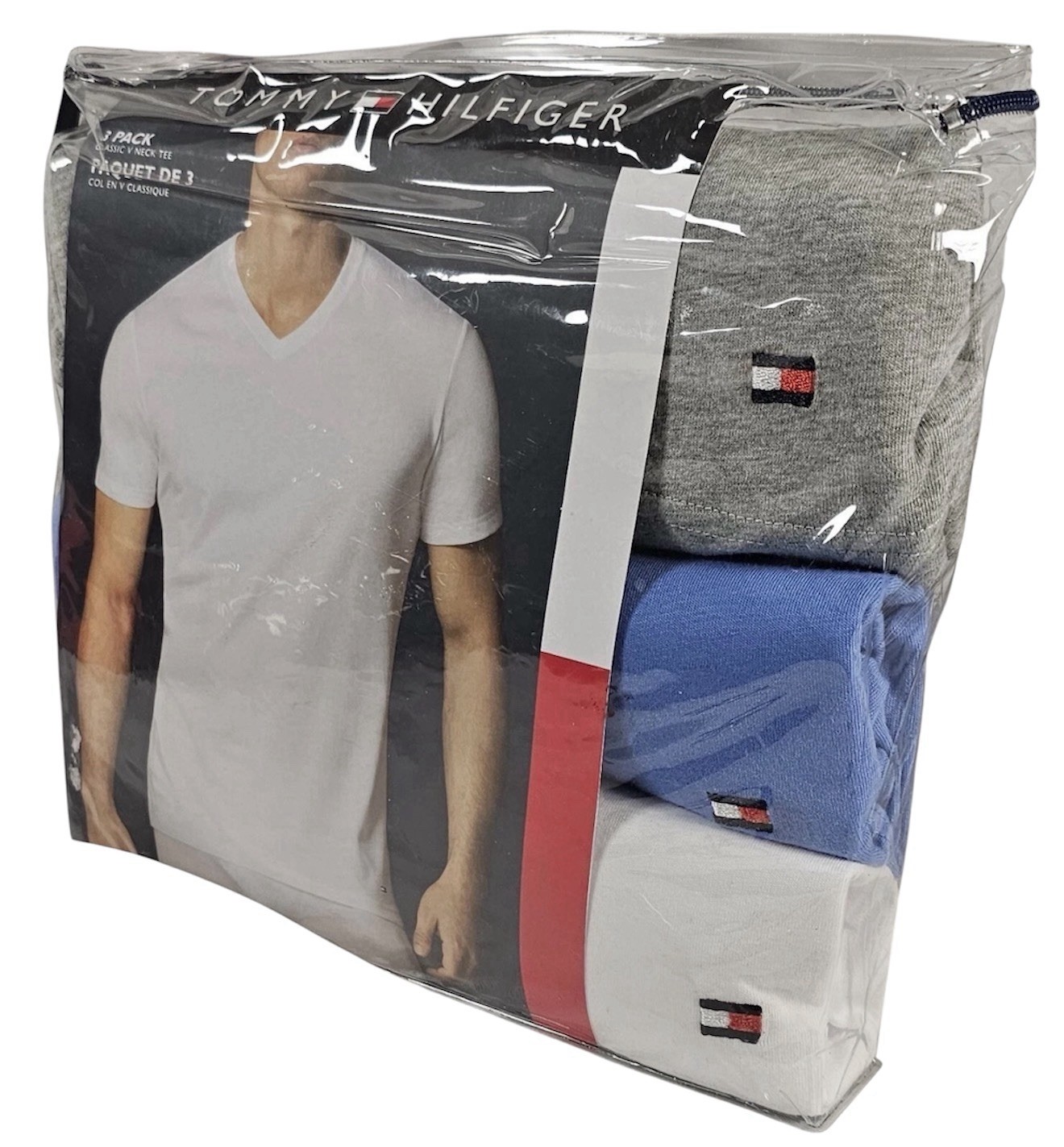 Tommy Hilfiger 3 Pk Classic V-Neck T-Shirts Gray Blue White Cotton Size large gallery