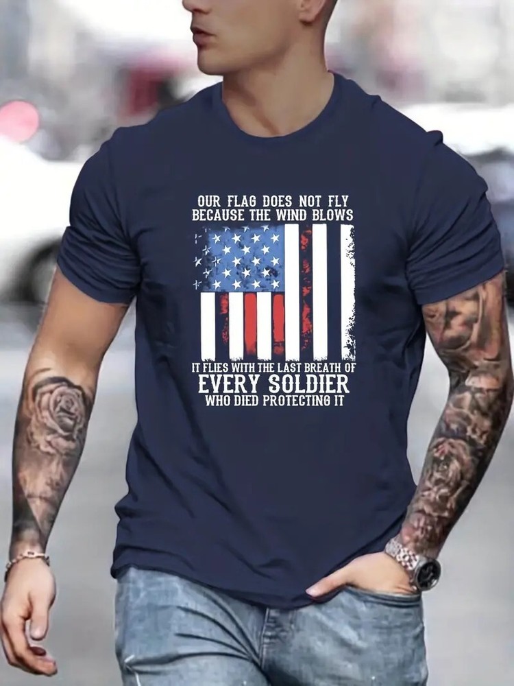 Honoring Fallen Heroes: Men’s Navy Crew Neck T-Shirt with Patriotic Flag Graphic
