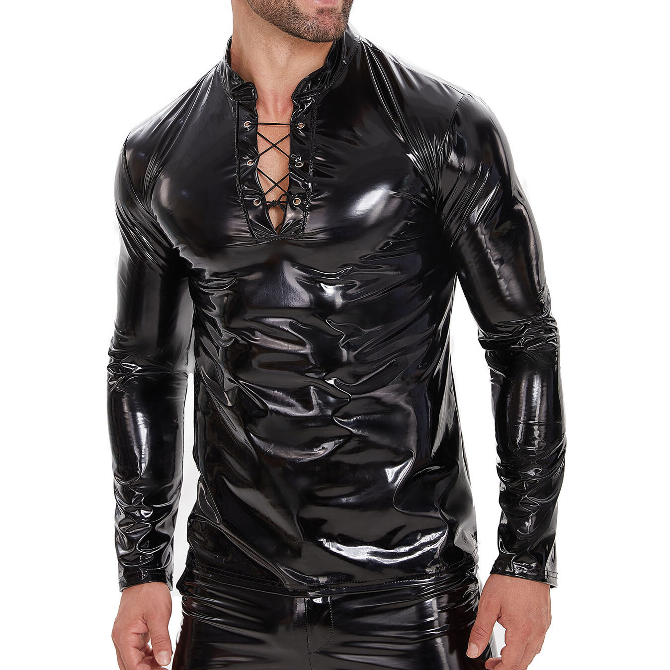 Men Shiny Latex T-shirts Wet Look PVC Leather Tops Lace-up Long Sleeve Nightclub gallery
