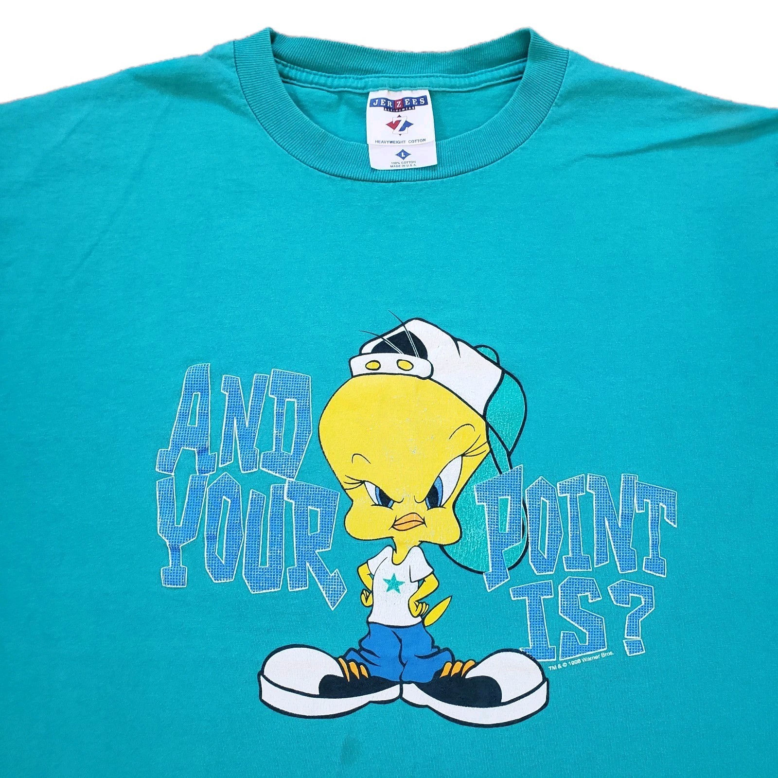 Vintage 90s Tweety And Your Point Is? Sz Large USA Made Aqua T-Shirt 1998 Warner