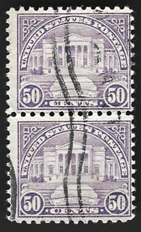Sc# 701 50c Arlington Amphitheatre V. Pair with a Wavy Machine Cancel (A-3)