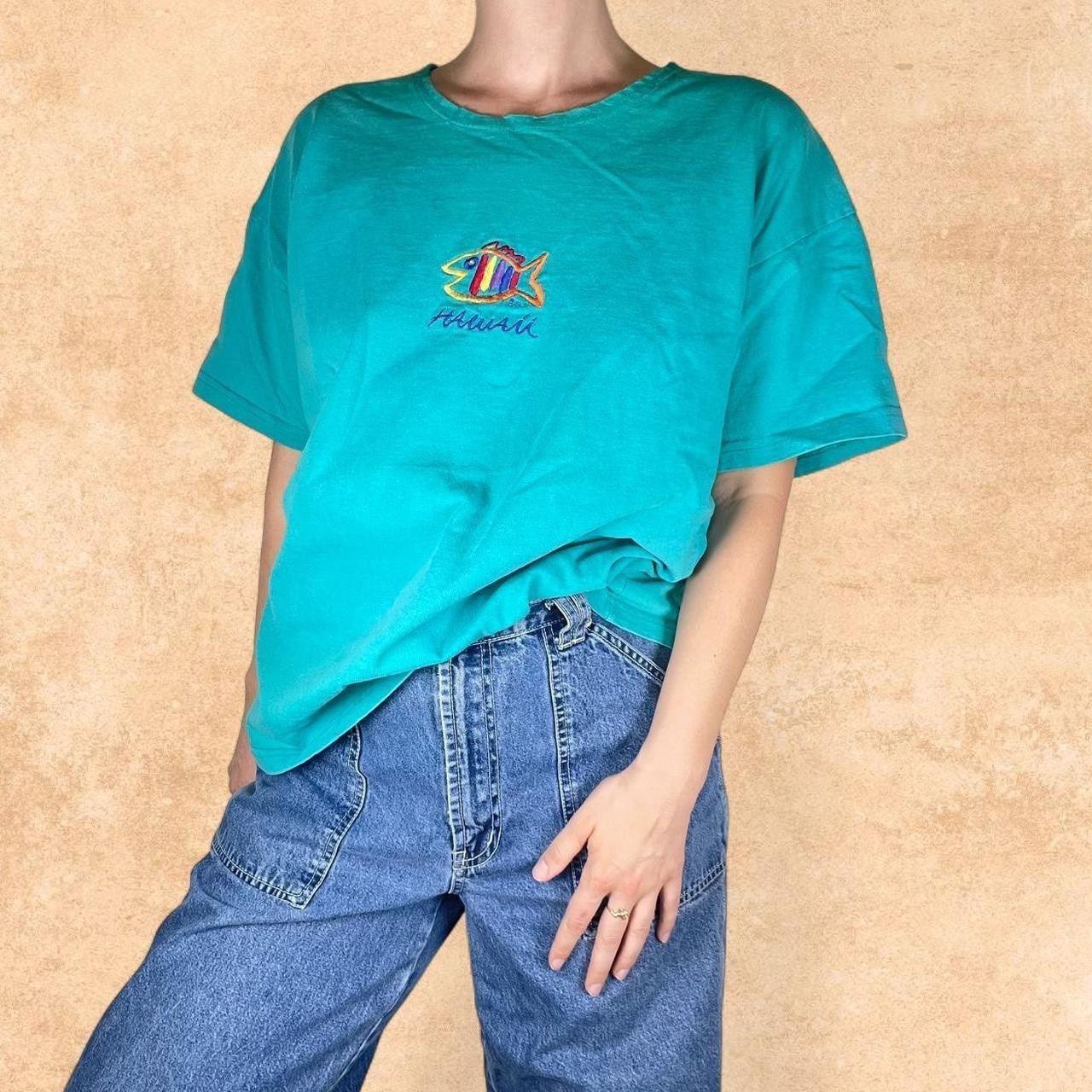 Vintage 90s Hawaii Embroidered T-Shirt Teal Fish Graphic Beach Made in USA XL gallery